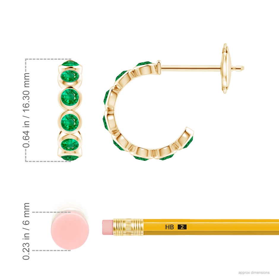 3mm AAA Bezel-Set Emerald Huggie Hoop Earrings in Yellow Gold ruler