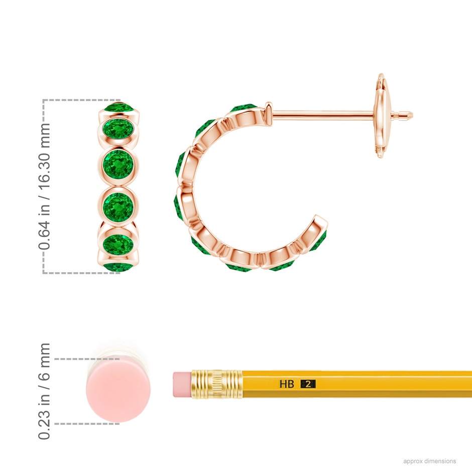 3mm AAAA Bezel-Set Emerald Huggie Hoop Earrings in Rose Gold ruler