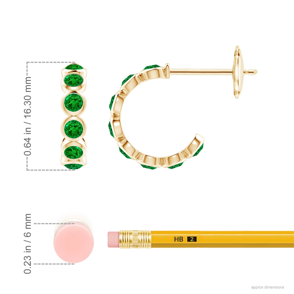 3mm AAAA Bezel-Set Emerald Huggie Hoop Earrings in Yellow Gold ruler