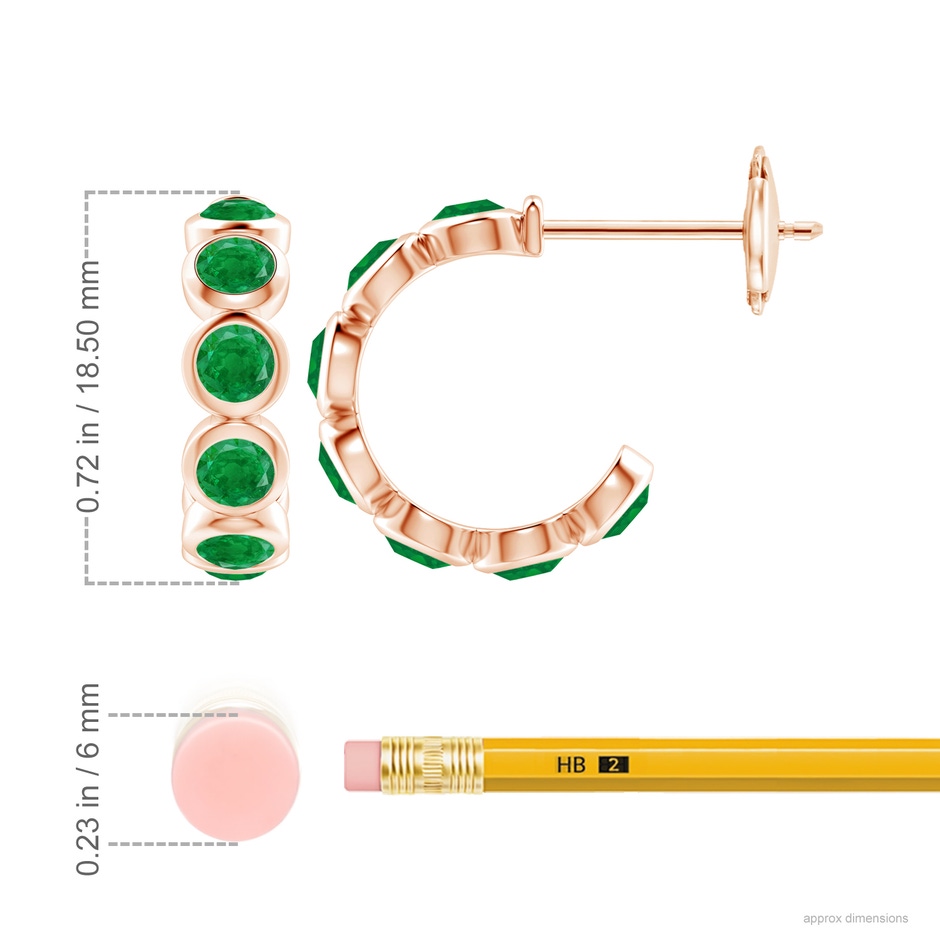 4mm AA Bezel-Set Emerald Huggie Hoop Earrings in 18K Rose Gold ruler