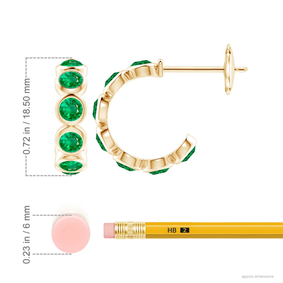 4mm AAA Bezel-Set Emerald Huggie Hoop Earrings in Yellow Gold ruler