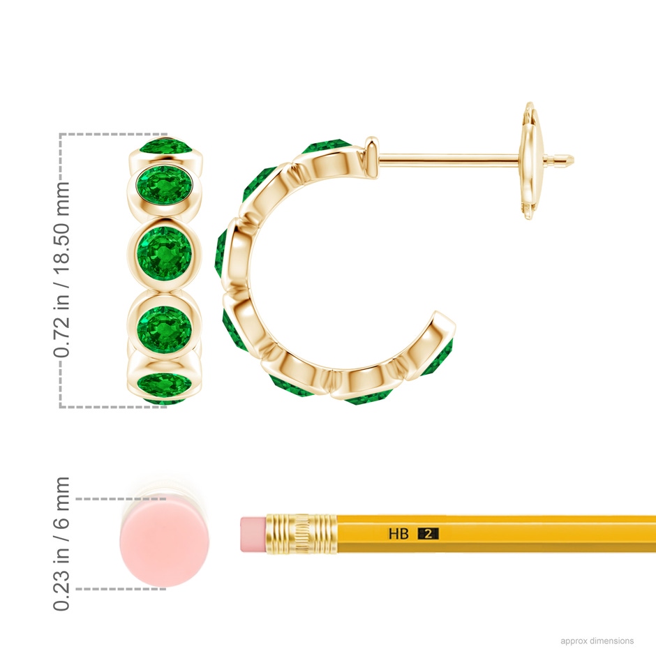 4mm AAAA Bezel-Set Emerald Huggie Hoop Earrings in Yellow Gold ruler