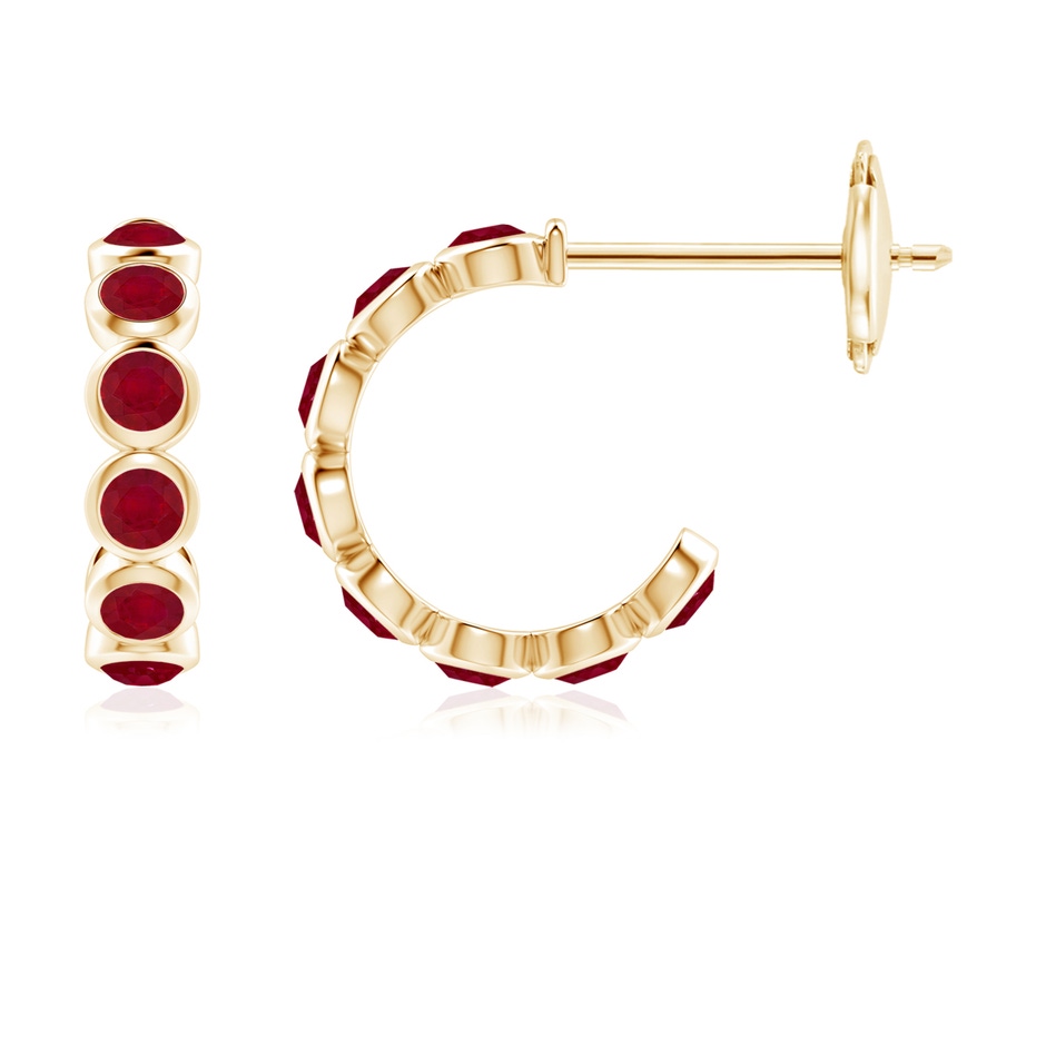 3mm AA Bezel-Set Ruby Huggie Hoop Earrings in Yellow Gold 
