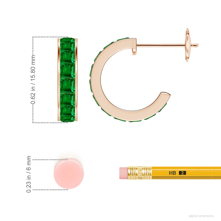 2.5mm AAAA Channel-Set Square Emerald Huggie Hoop Earrings in 18K Rose Gold ruler