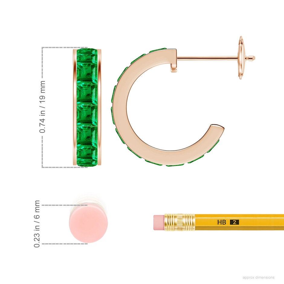 3mm AAA Channel-Set Square Emerald Huggie Hoop Earrings in 18K Rose Gold ruler