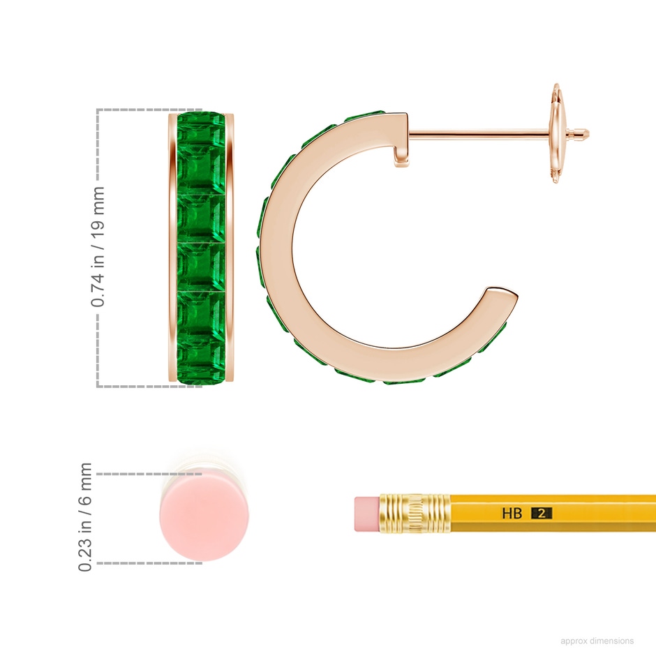 3mm AAAA Channel-Set Square Emerald Huggie Hoop Earrings in Rose Gold ruler