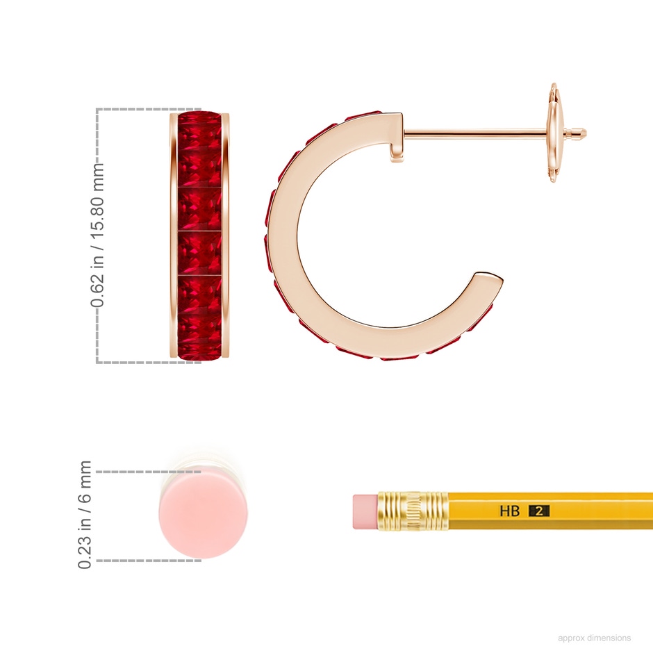 2.5mm AAAA Channel-Set Square Ruby Huggie Hoop Earrings in 18K Rose Gold ruler
