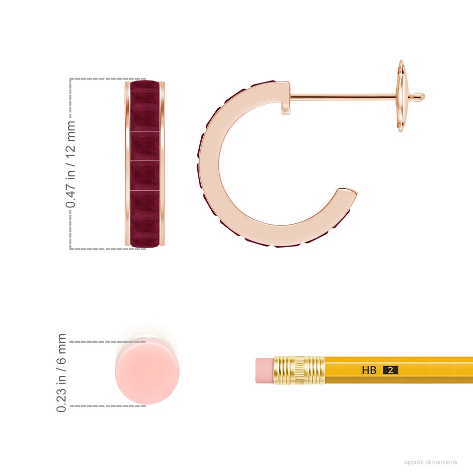 2mm A Channel-Set Square Ruby Huggie Hoop Earrings in Rose Gold ruler