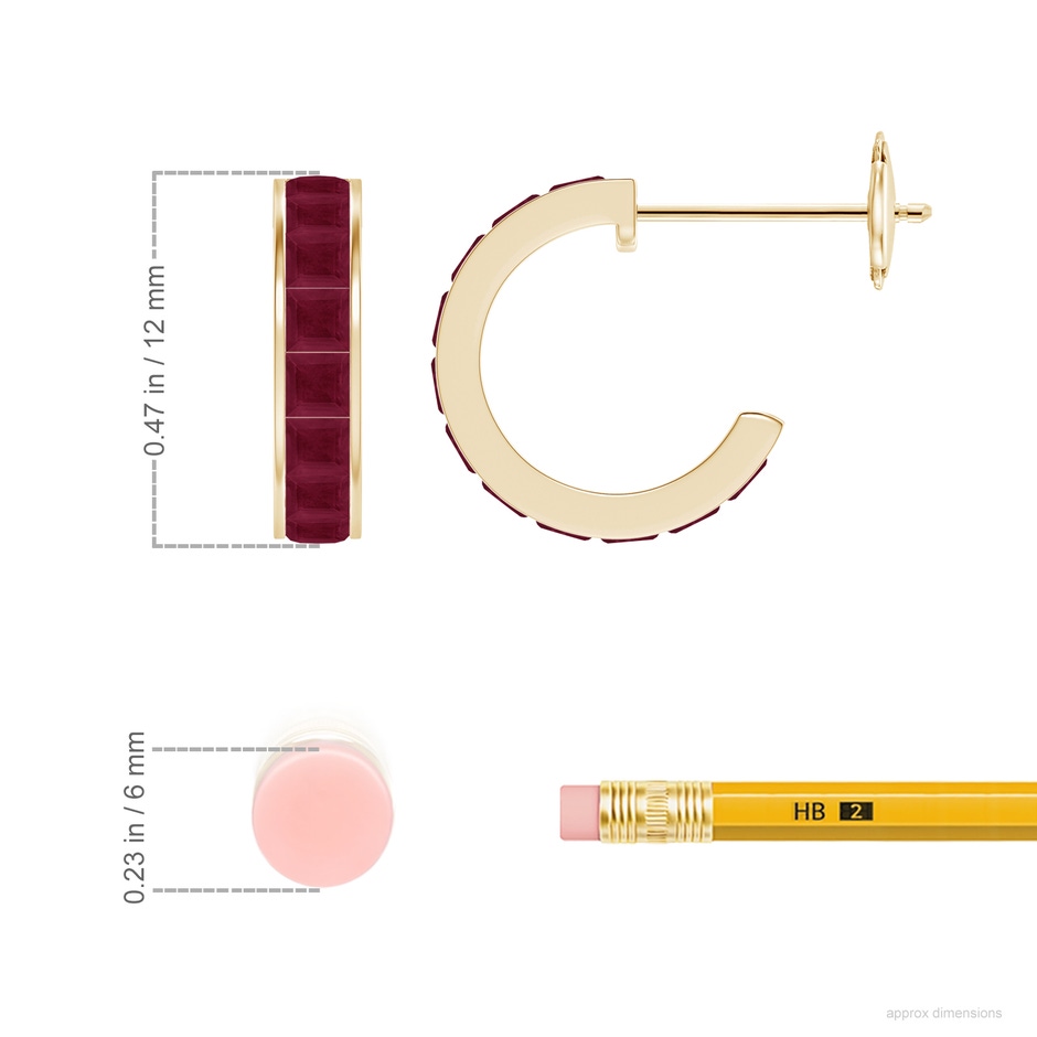 2mm A Channel-Set Square Ruby Huggie Hoop Earrings in Yellow Gold ruler