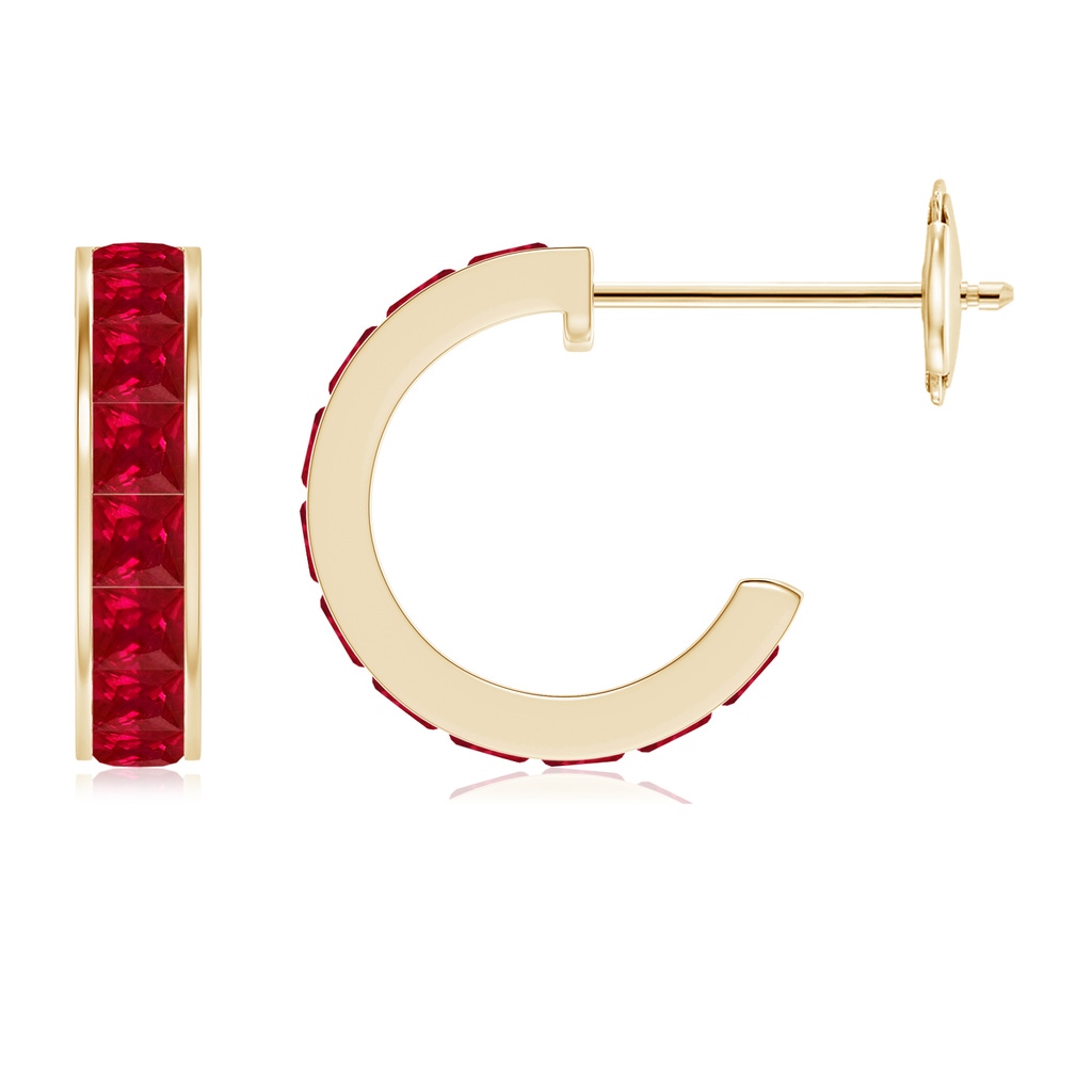 2mm AAA Channel-Set Square Ruby Huggie Hoop Earrings in Yellow Gold