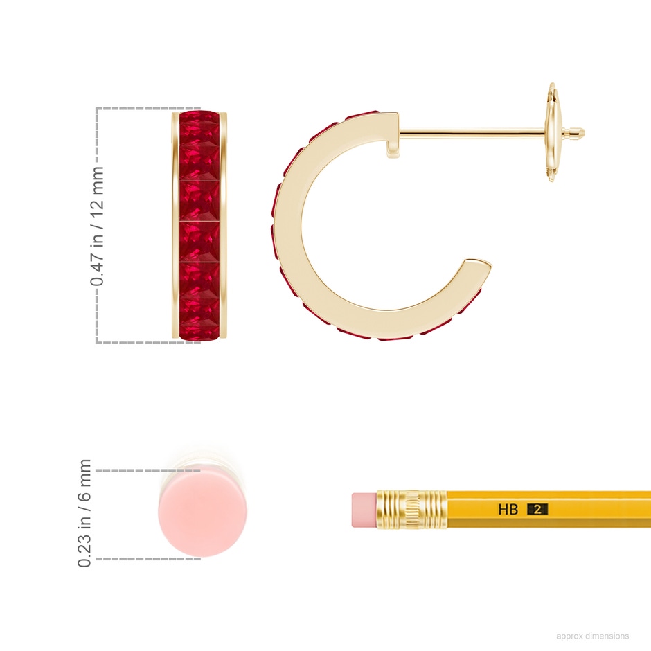 2mm AAA Channel-Set Square Ruby Huggie Hoop Earrings in Yellow Gold ruler