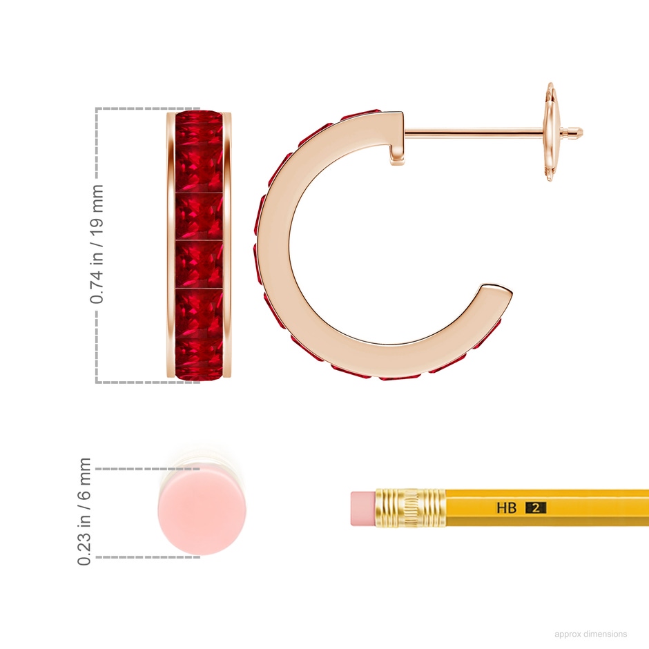 3mm AAAA Channel-Set Square Ruby Huggie Hoop Earrings in 18K Rose Gold ruler