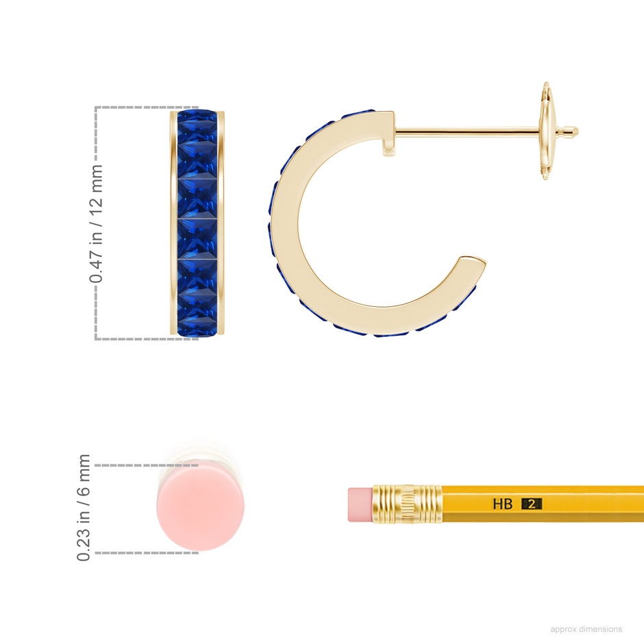 2mm AAAA Channel-Set Square Sapphire Huggie Hoop Earrings in Yellow Gold ruler