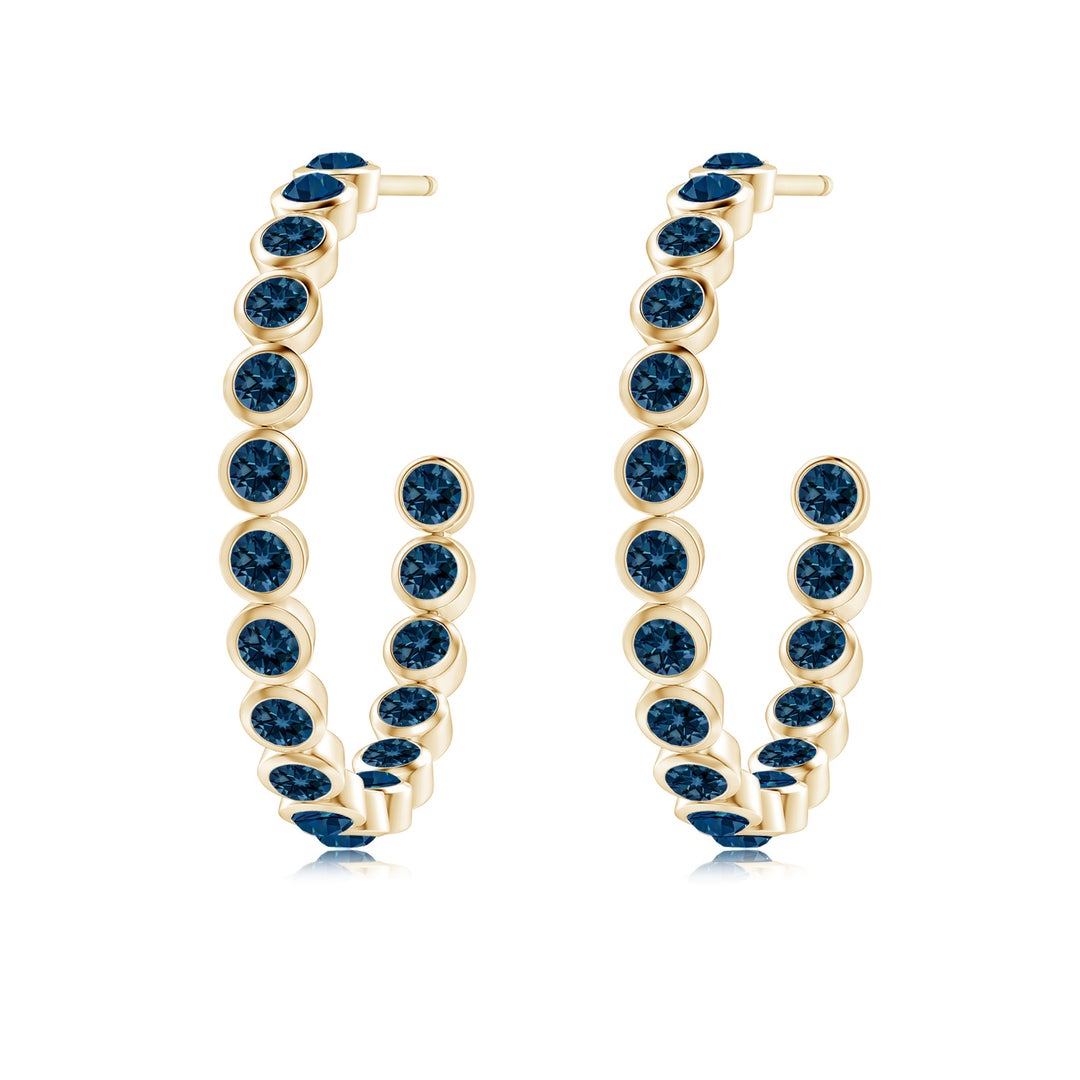 2mm AAAA Bezel-Set London Blue Topaz Inside-Out Medium Hoop Earrings in Yellow Gold - side 3
