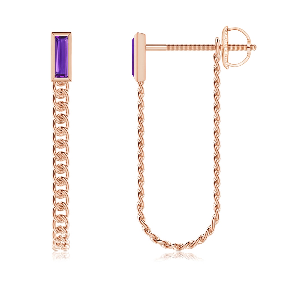 6x2mm AAAA Bezel-Set Baguette Amethyst Curb Link Chain Earrings in Rose Gold