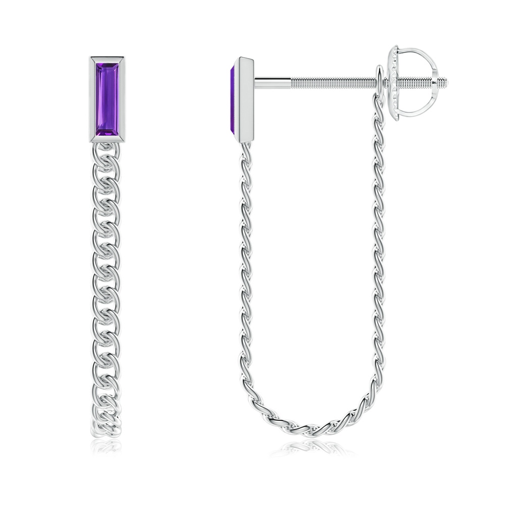 6x2mm AAAA Bezel-Set Baguette Amethyst Curb Link Chain Earrings in White Gold 