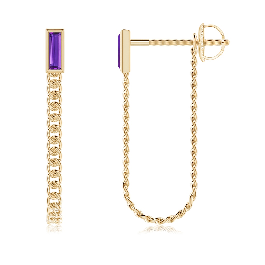 6x2mm AAAA Bezel-Set Baguette Amethyst Curb Link Chain Earrings in Yellow Gold