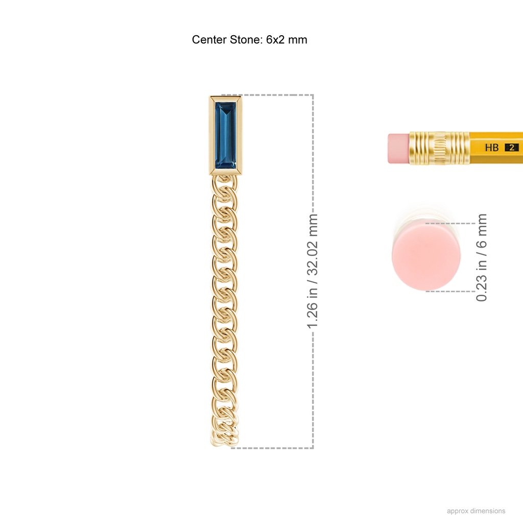 6x2mm AAAA Bezel-Set Baguette London Blue Topaz Curb Link Chain Earrings in 9K Yellow Gold Ruler