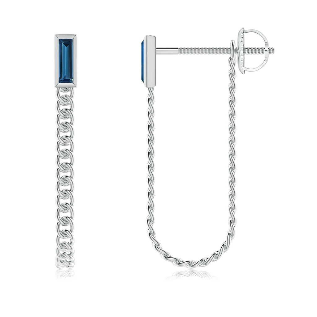6x2mm AAAA Bezel-Set Baguette London Blue Topaz Curb Link Chain Earrings in White Gold