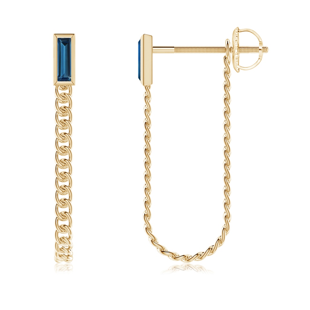 6x2mm AAAA Bezel-Set Baguette London Blue Topaz Curb Link Chain Earrings in Yellow Gold