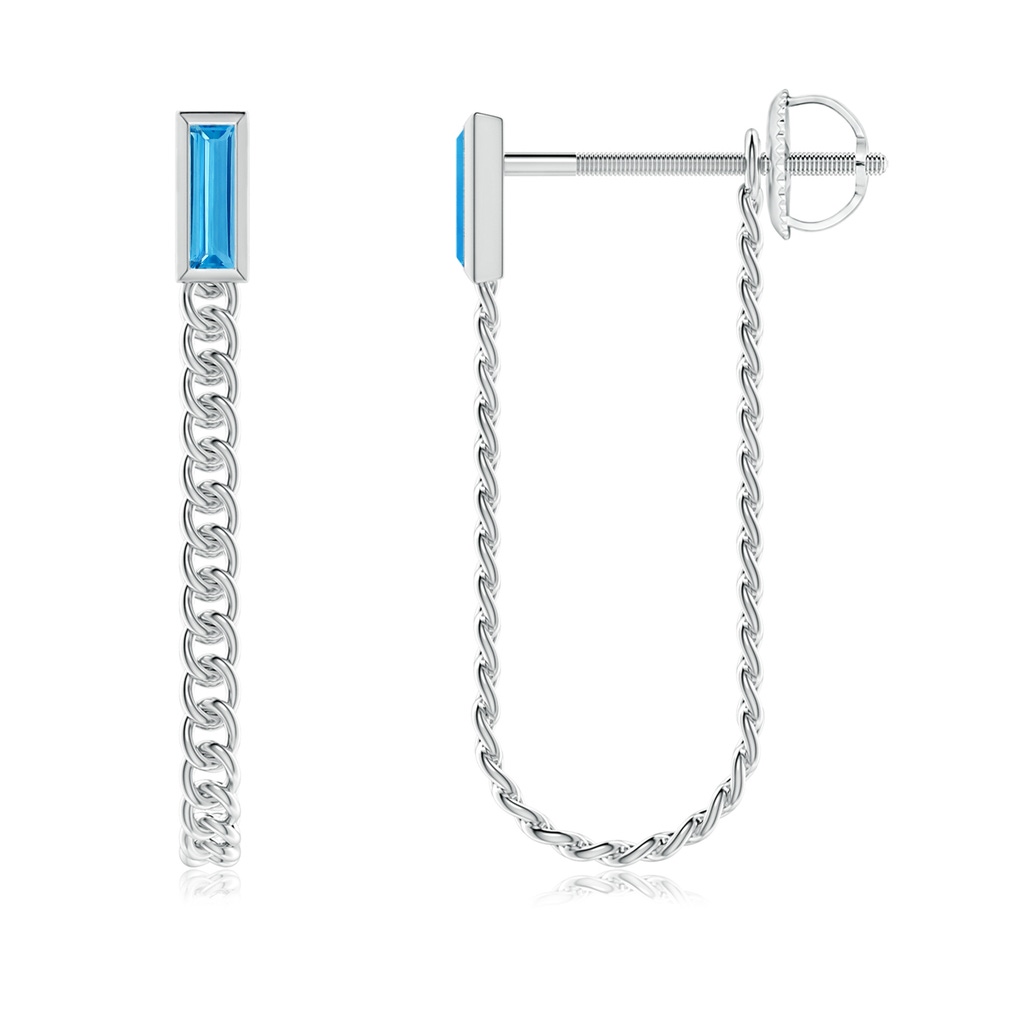 6x2mm AAA Bezel-Set Baguette Swiss Blue Topaz Curb Link Chain Earrings in White Gold