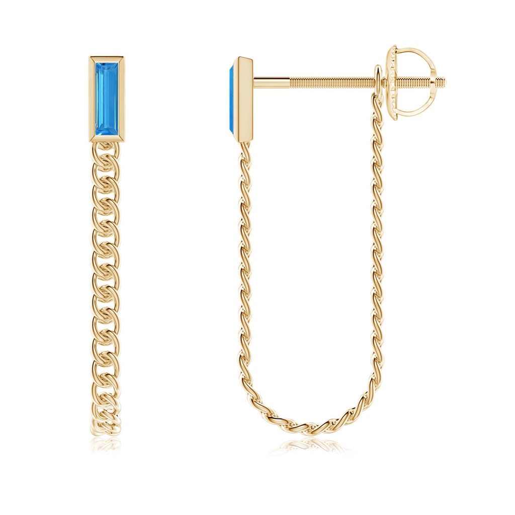 6x2mm AAAA Bezel-Set Baguette Swiss Blue Topaz Curb Link Chain Earrings in 10K Yellow Gold