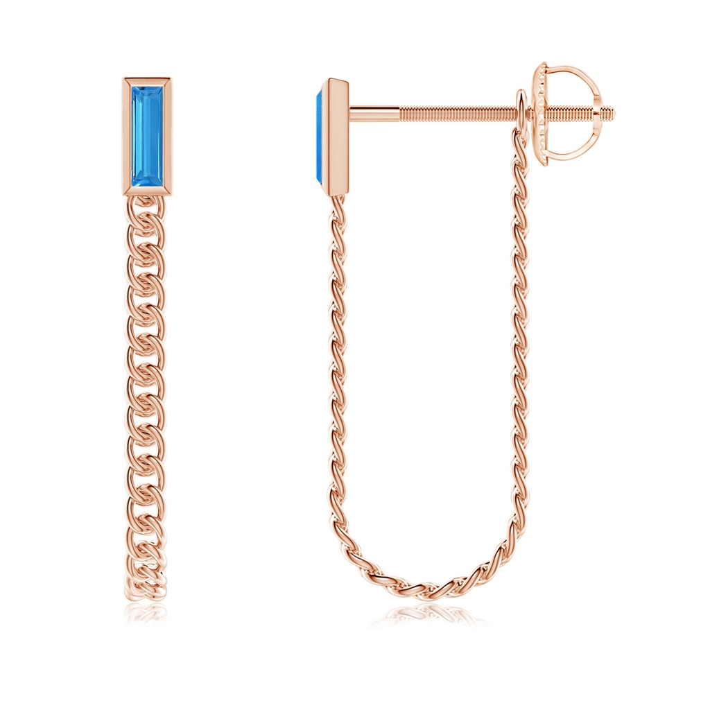 6x2mm AAAA Bezel-Set Baguette Swiss Blue Topaz Curb Link Chain Earrings in Rose Gold