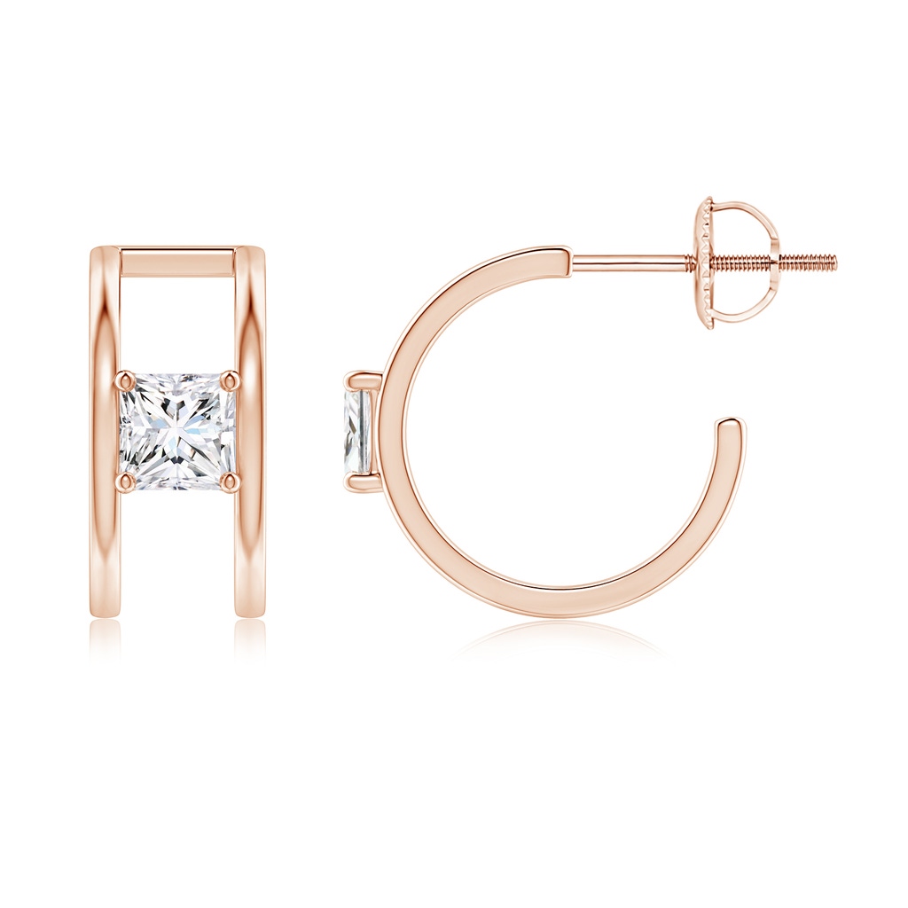 4mm GVS2 Princess Diamond Solitaire Parallel Huggie Hoop Earrings in Rose Gold
