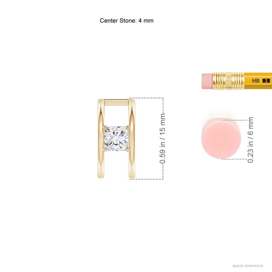 4mm GVS2 Princess Diamond Solitaire Parallel Huggie Hoop Earrings in Yellow Gold ruler