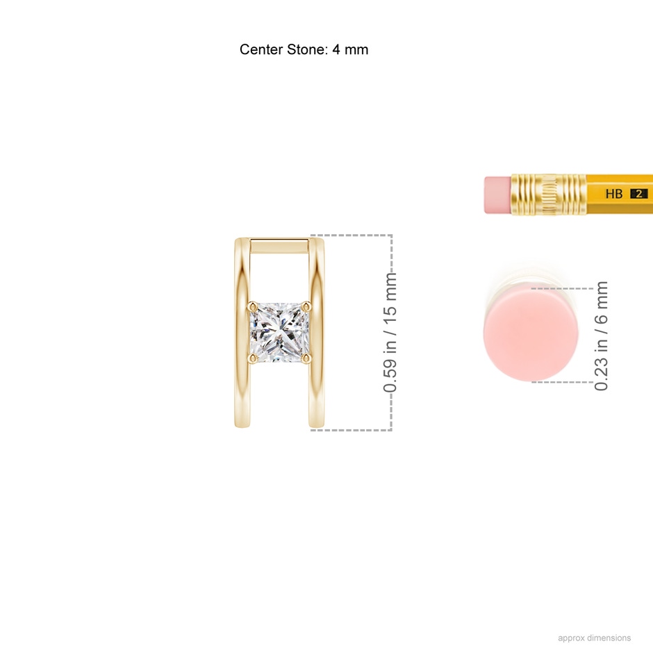 4mm IJI1I2 Princess Diamond Solitaire Parallel Huggie Hoop Earrings in Yellow Gold ruler
