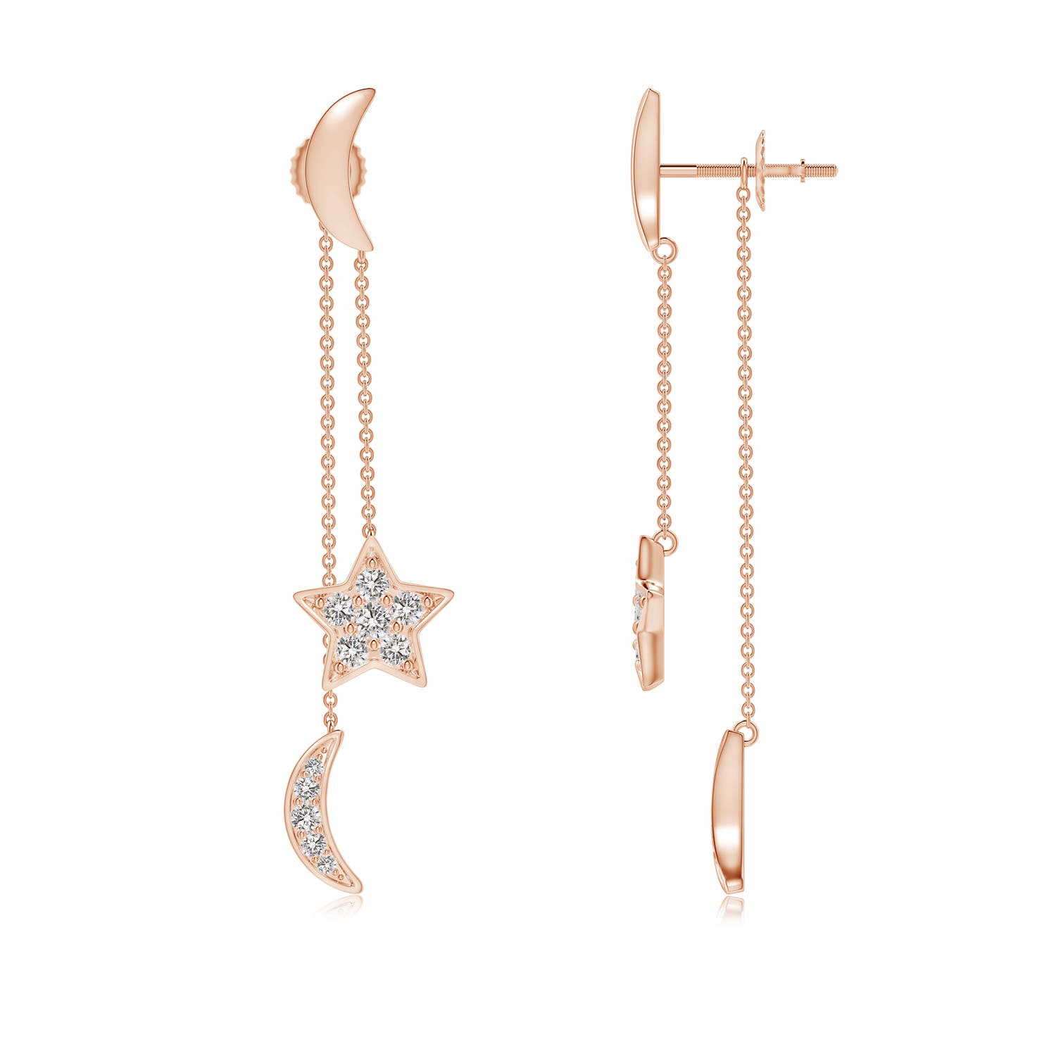 1.95mm IJI1I2 Pave-Set Diamond Star and Moon Front-Back Dangle Earrings in Rose Gold