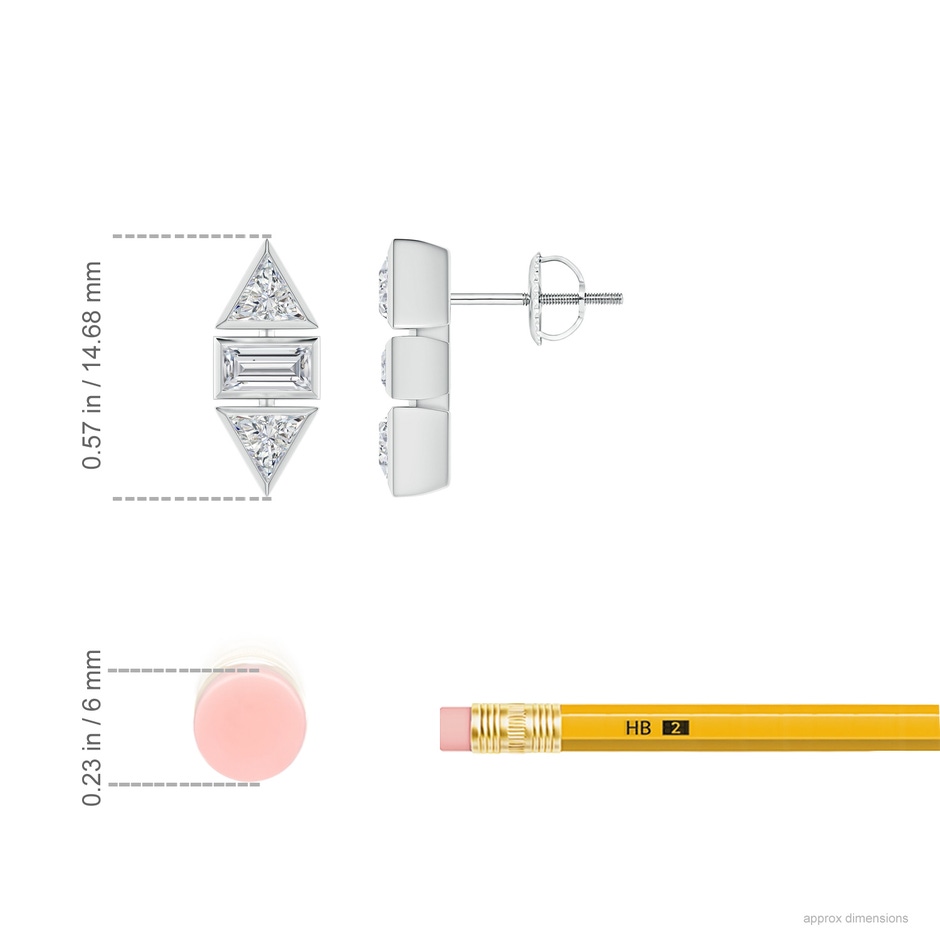 4mm HSI2 Bezel-Set Triangle and Baguette Diamond Stud Earrings in White Gold ruler