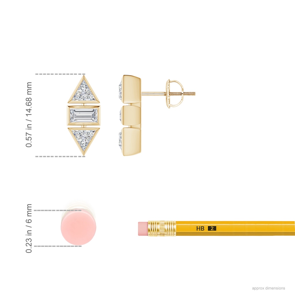 4mm HSI2 Bezel-Set Triangle and Baguette Diamond Stud Earrings in Yellow Gold Ruler