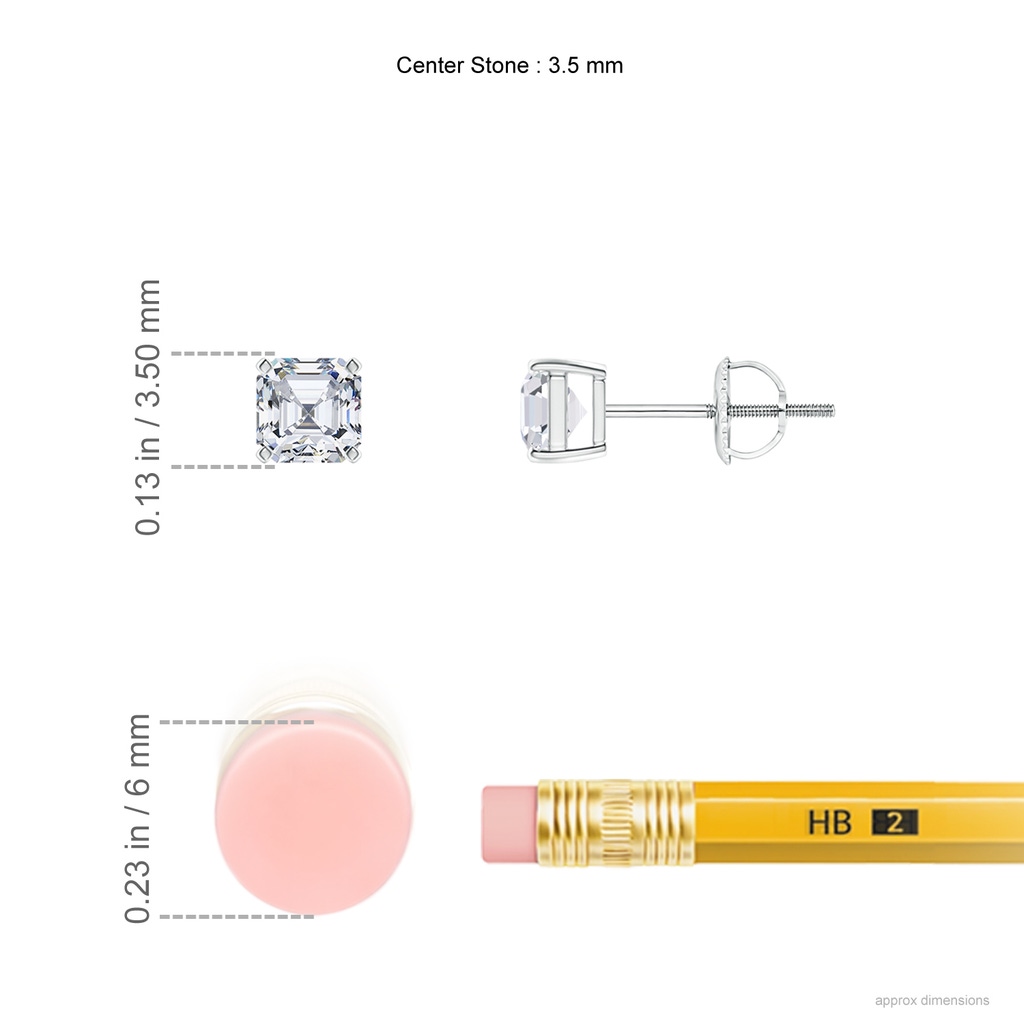 3.5mm GVS2 Asscher-Cut Diamond Solitaire Stud Earrings in White Gold Ruler