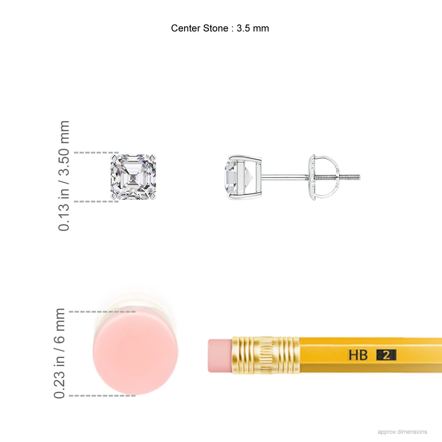 3.5mm HSI2 Asscher-Cut Diamond Solitaire Stud Earrings in White Gold - ruler