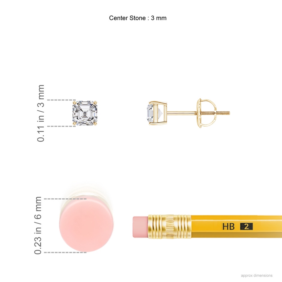 3mm HSI2 Asscher-Cut Diamond Solitaire Stud Earrings in Yellow Gold ruler