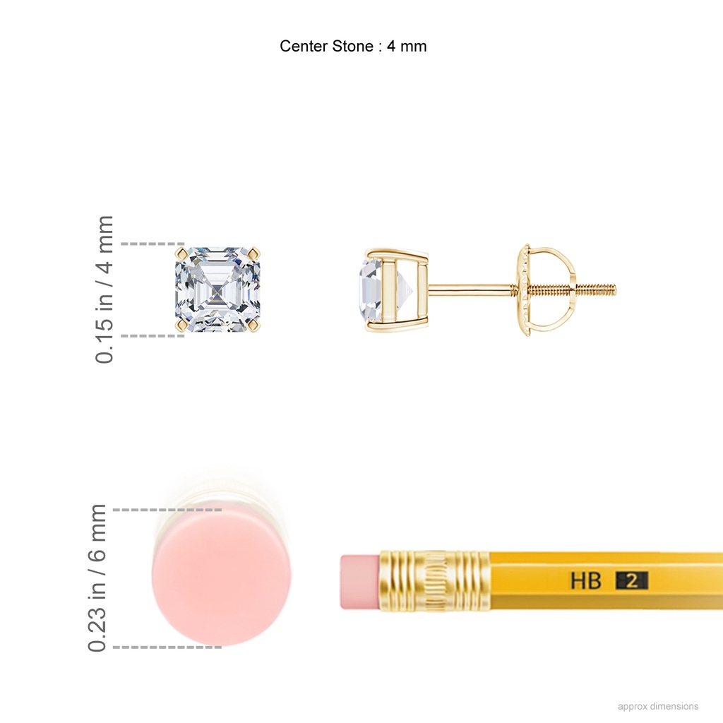 4mm GVS2 Asscher-Cut Diamond Solitaire Stud Earrings in Yellow Gold Ruler