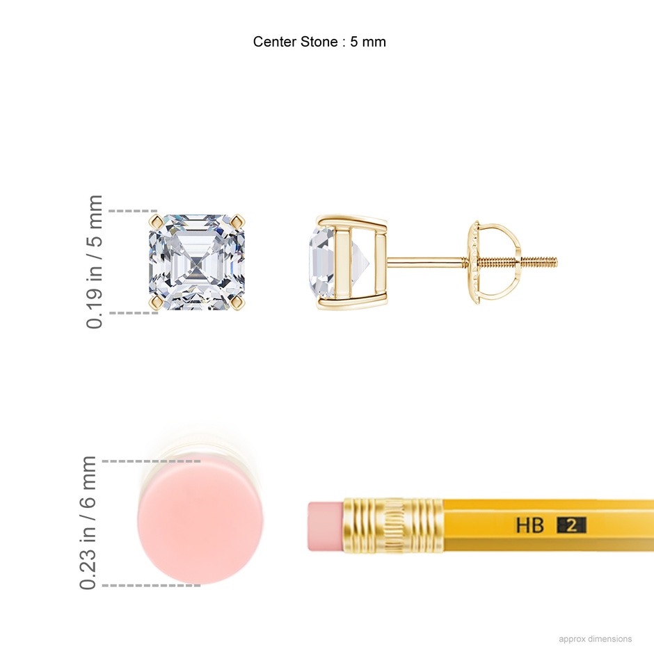 5mm GVS2 Asscher-Cut Diamond Solitaire Stud Earrings in Yellow Gold ruler