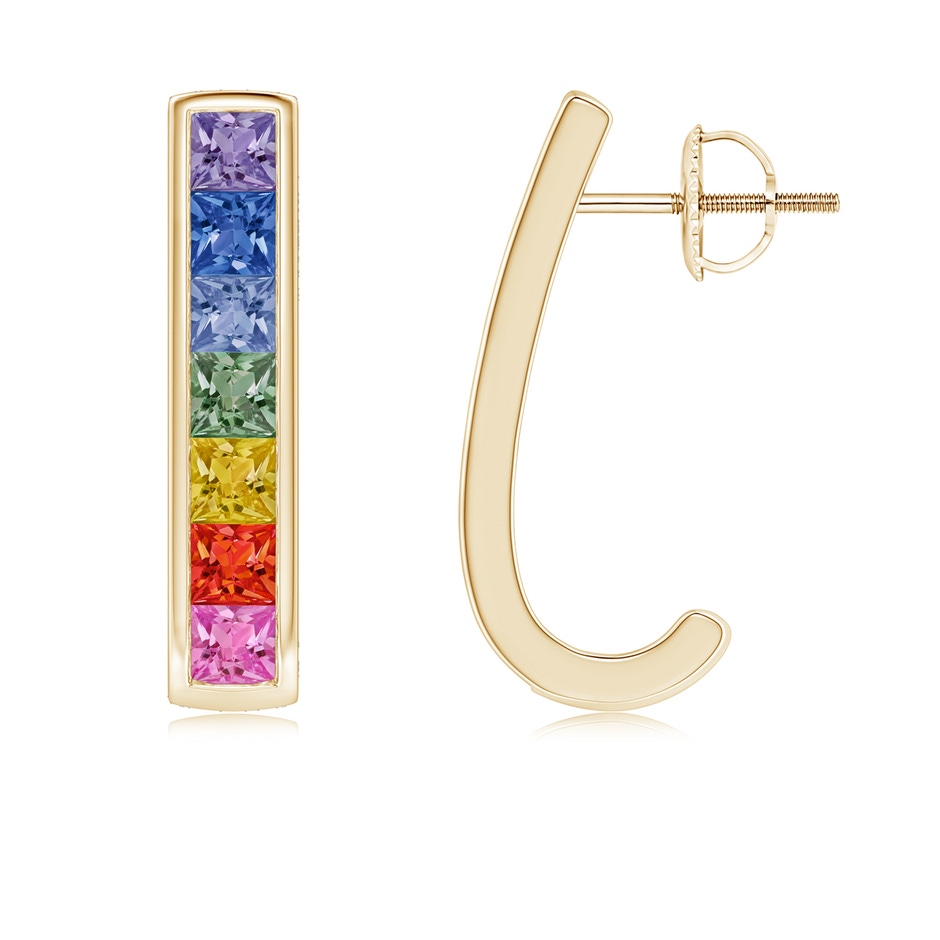 3mm AAA Spectra Channel-Set Square Multi-Sapphire J-Hoop Earrings in 9K Yellow Gold 