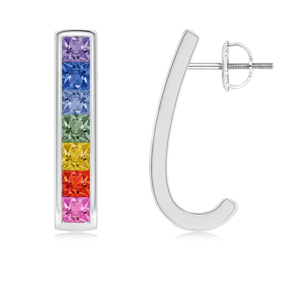 3mm AAA Spectra Channel-Set Square Multi-Sapphire J-Hoop Earrings in White Gold