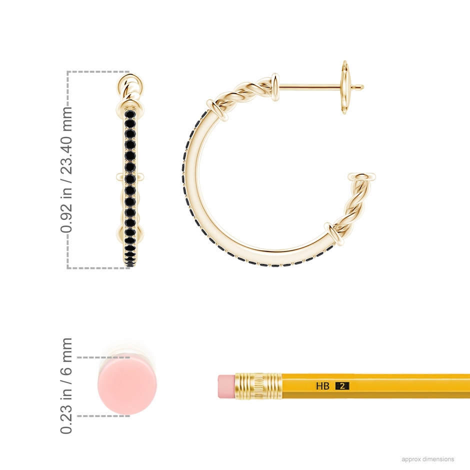 1.15mm AA Prong-Set Round Black Diamond Twisted Wire Hoop Earrings in Yellow Gold ruler