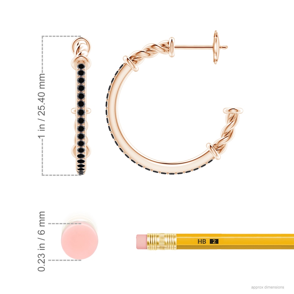 1.3mm A Prong-Set Round Black Diamond Twisted Wire Hoop Earrings in Rose Gold ruler