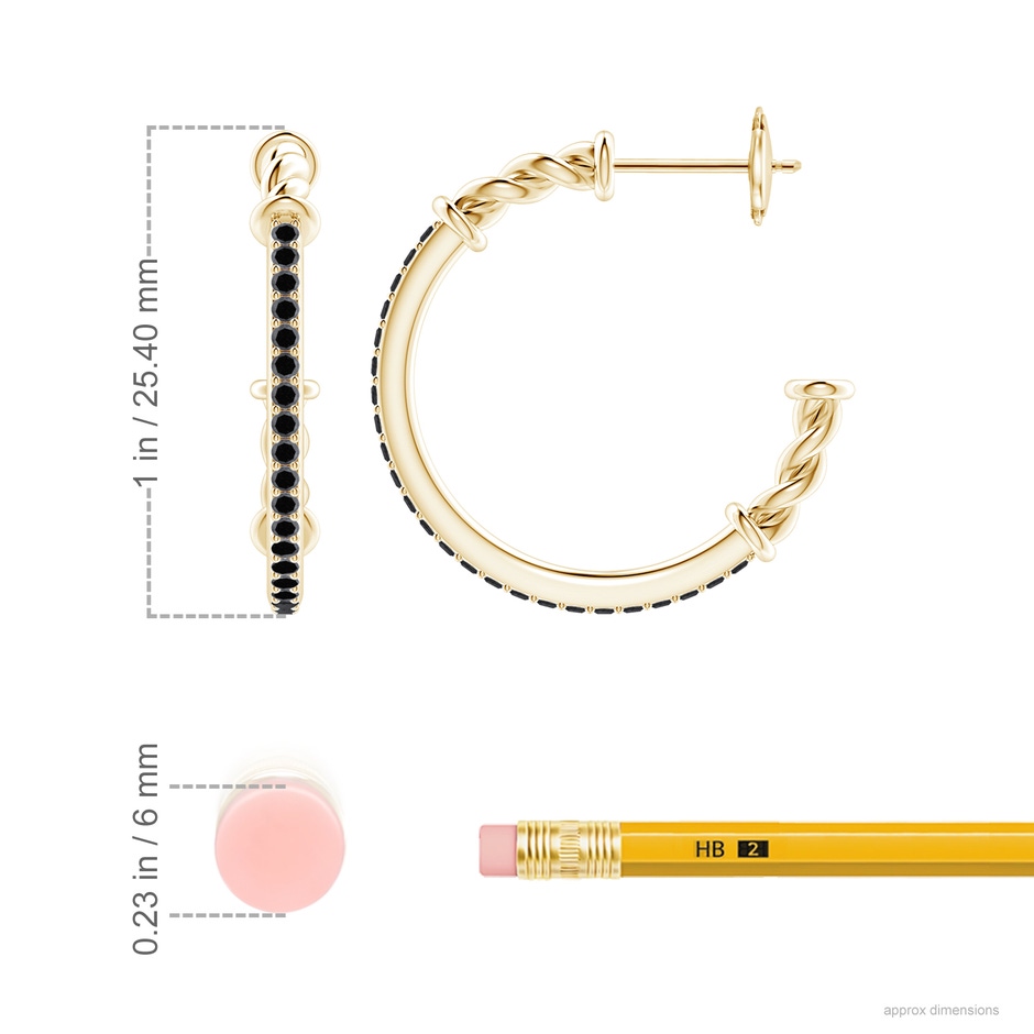1.3mm A Prong-Set Round Black Diamond Twisted Wire Hoop Earrings in Yellow Gold ruler
