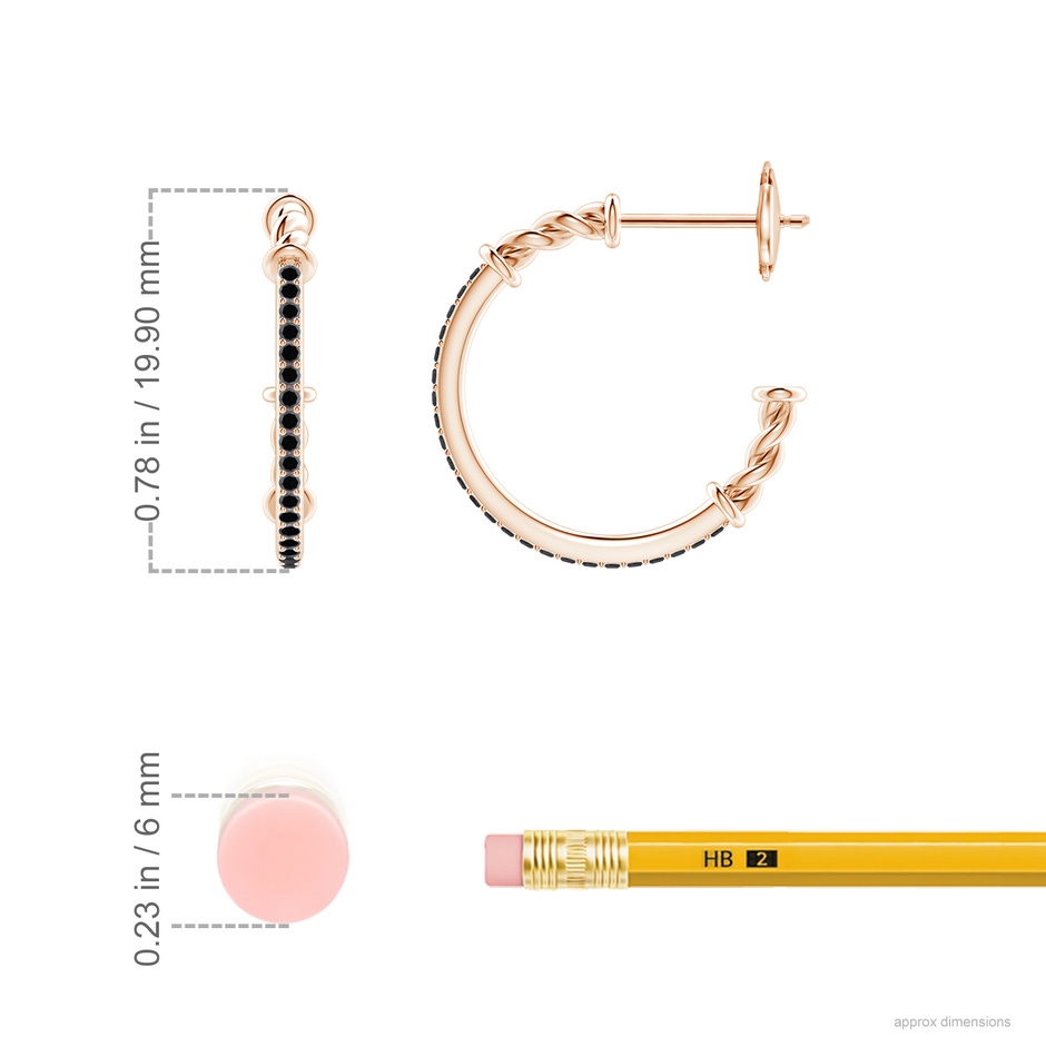 1mm A Prong-Set Round Black Diamond Twisted Wire Hoop Earrings in Rose Gold ruler