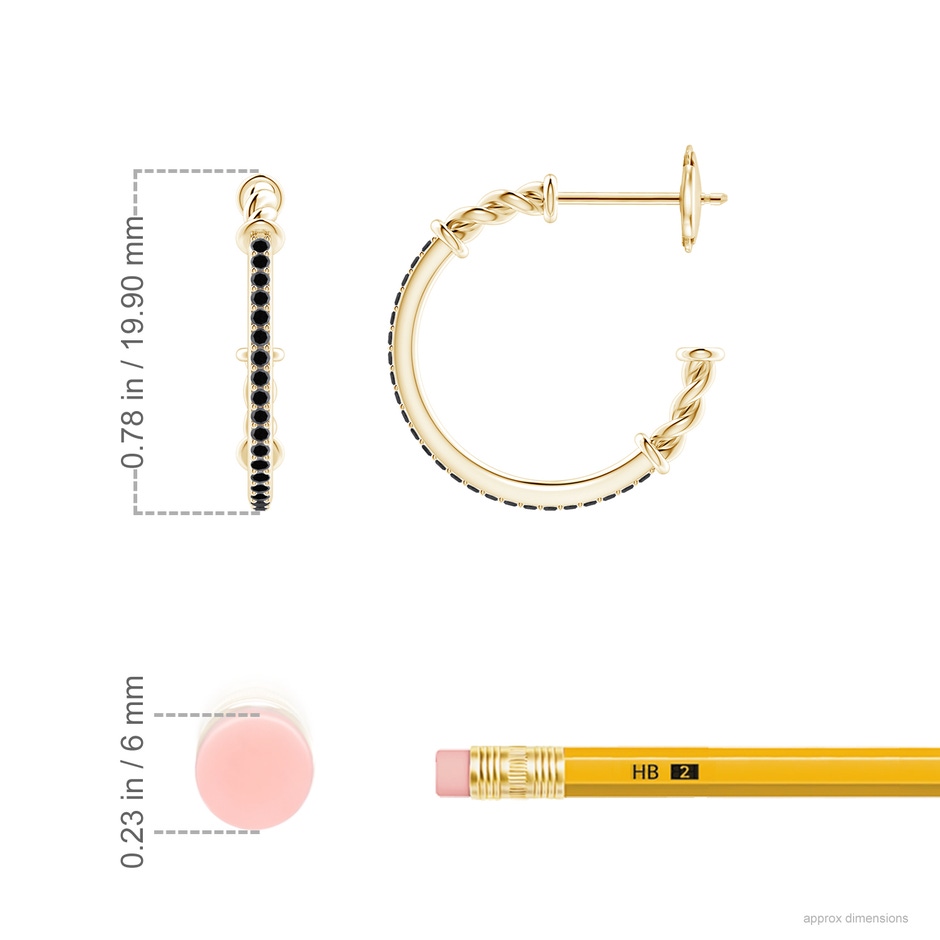 1mm A Prong-Set Round Black Diamond Twisted Wire Hoop Earrings in Yellow Gold ruler
