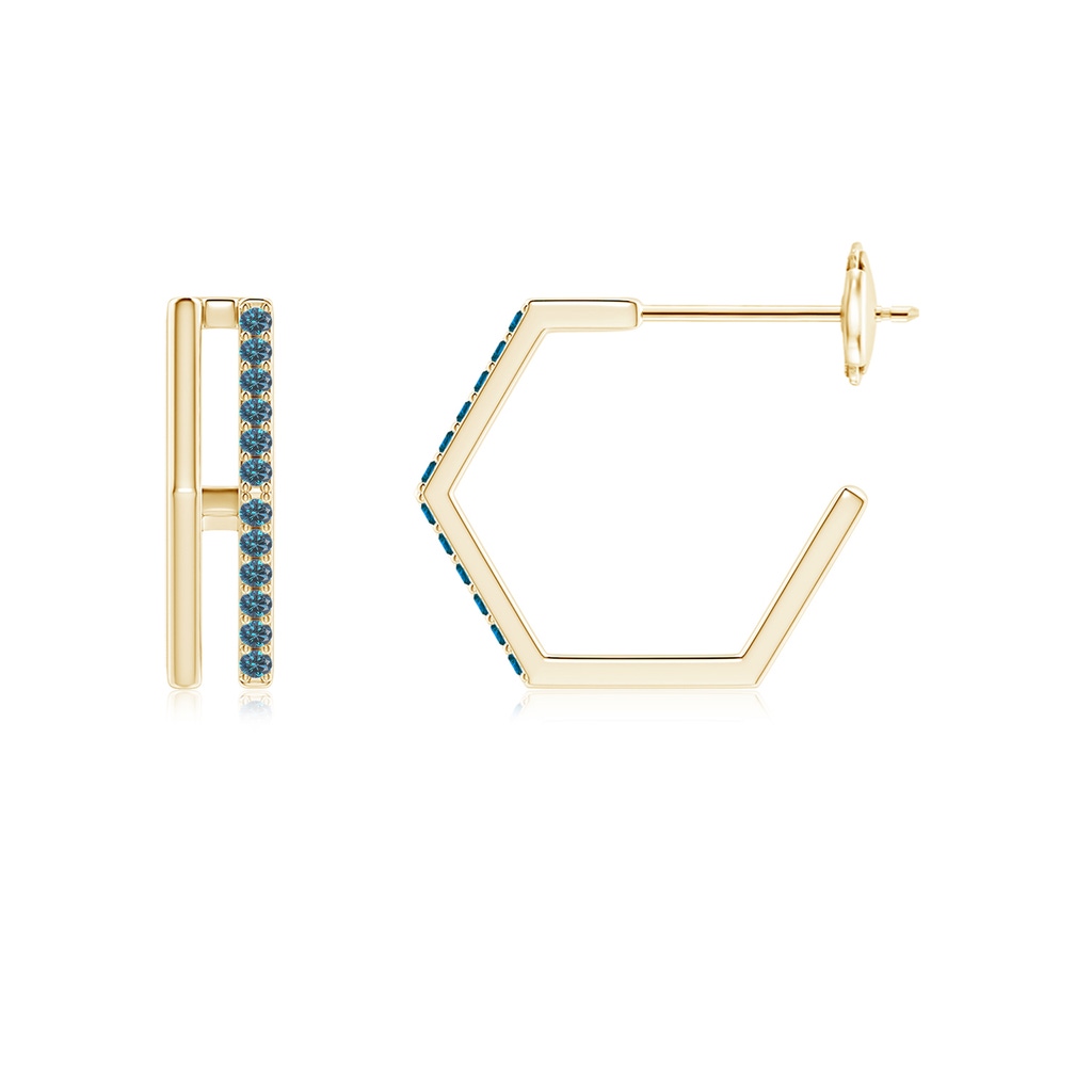 1mm AAA Alternating Blue Diamond Hexagonal Double Hoop Earrings in Yellow Gold Side 199