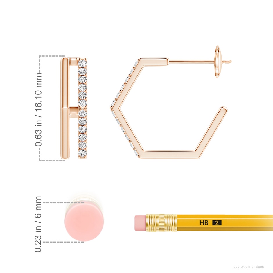 1.15mm HSI2 Alternating Diamond Hexagonal Double Hoop Earrings in Rose Gold ruler