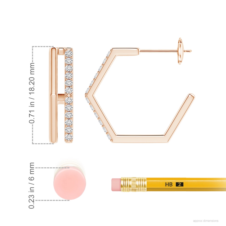 1.3mm HSI2 Alternating Diamond Hexagonal Double Hoop Earrings in Rose Gold ruler