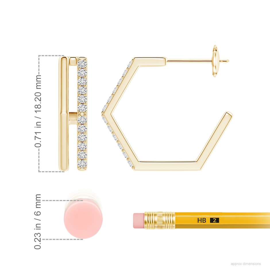 1.3mm HSI2 Alternating Diamond Hexagonal Double Hoop Earrings in Yellow Gold ruler