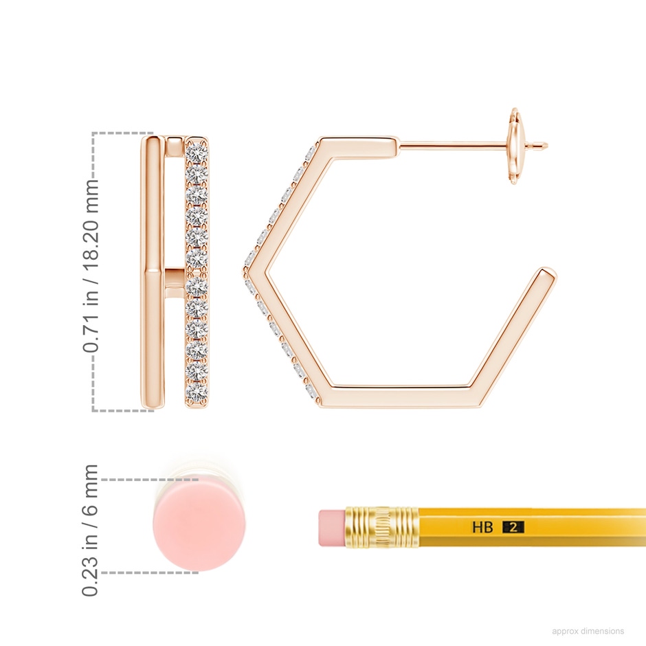 1.3mm IJI1I2 Alternating Diamond Hexagonal Double Hoop Earrings in Rose Gold ruler